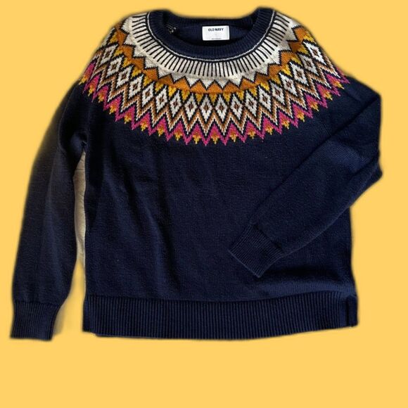 Old Navy Blue Sweater, Geometric Print at neck, Size L - Picture 5 of 8